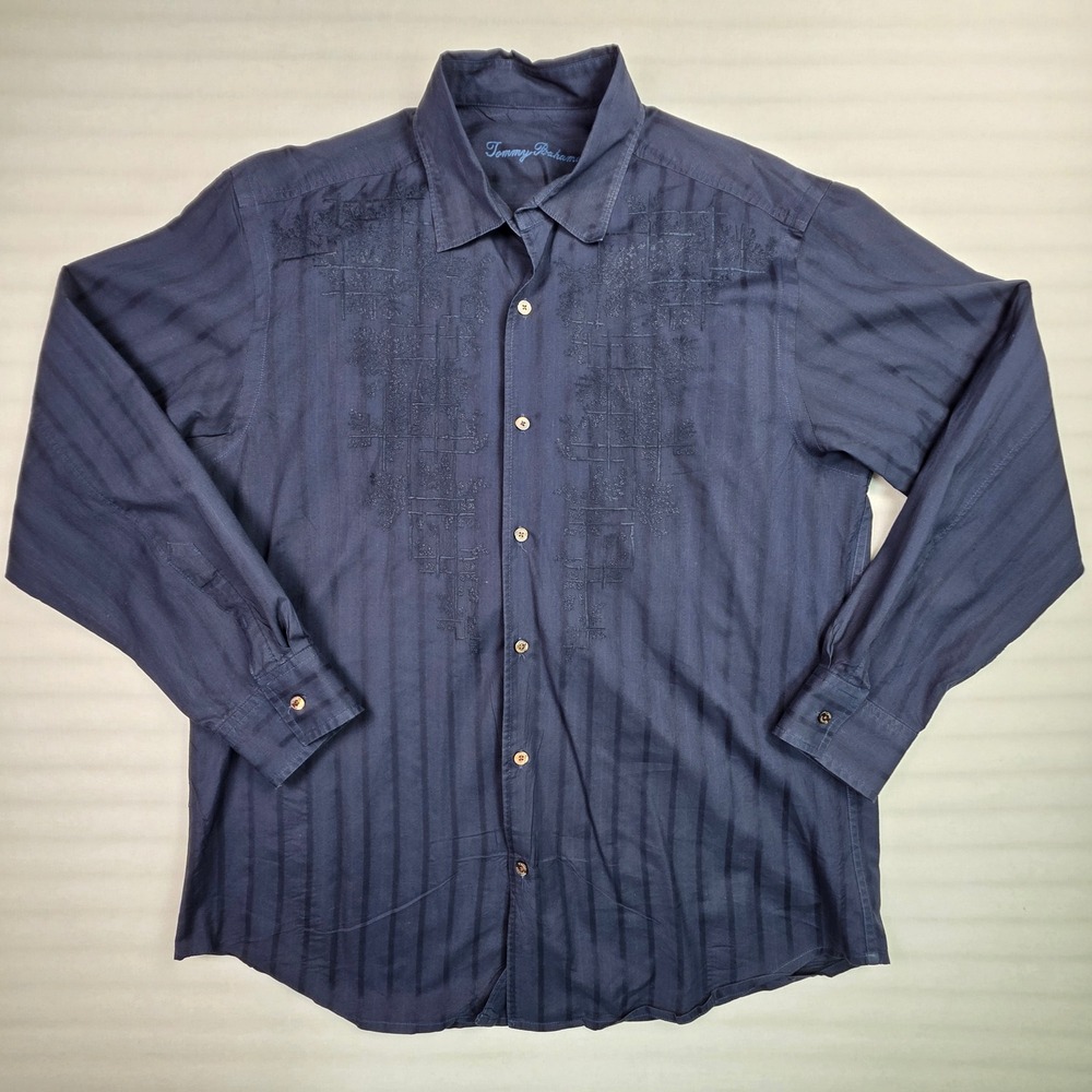 Tommy Bahama Mens M Navy Blue Embroidered Shadow Stripe Cotton Button Down Shirt